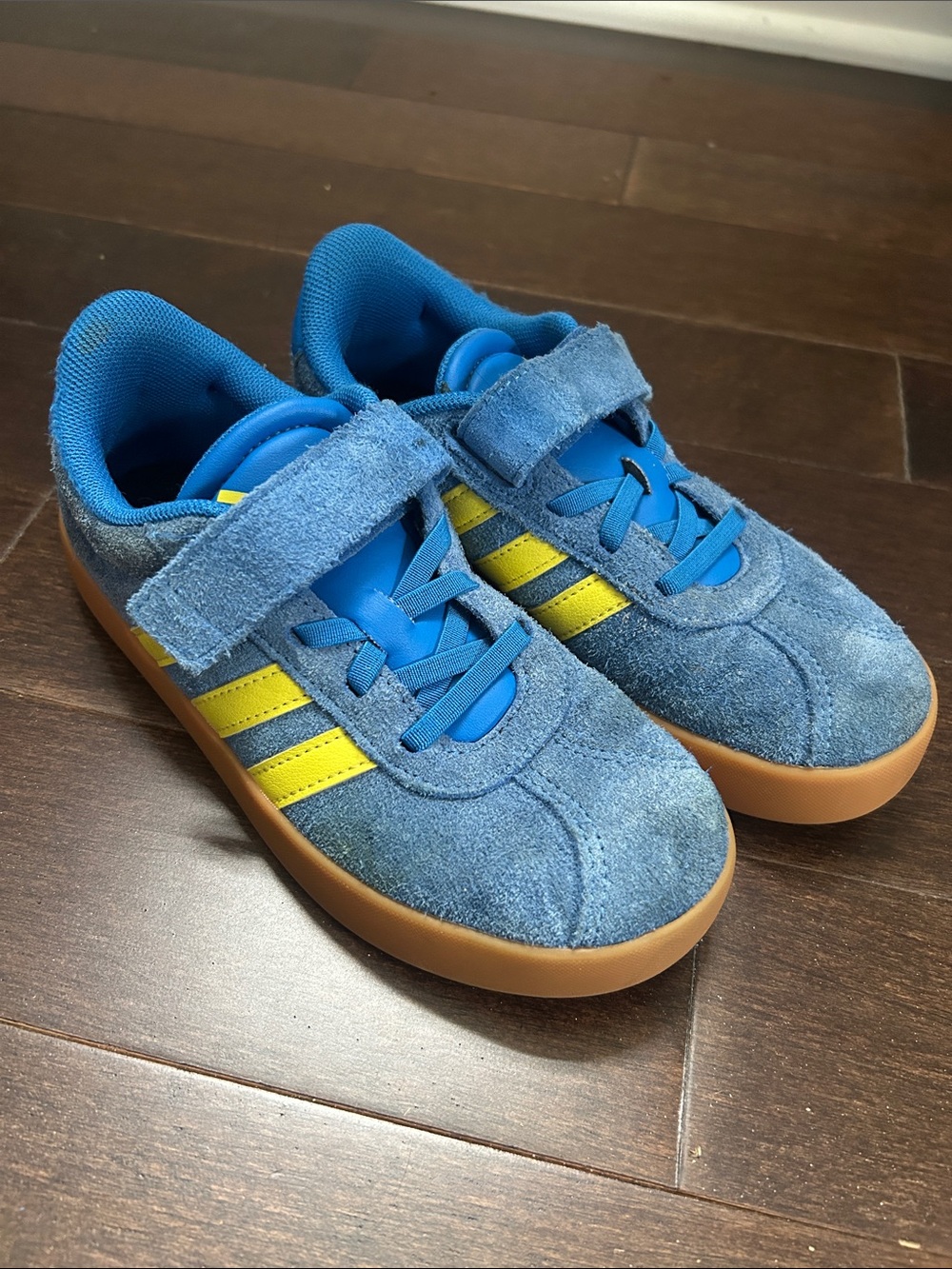 Kids adidas Blue Suede Sneakers with Yellow Stripes